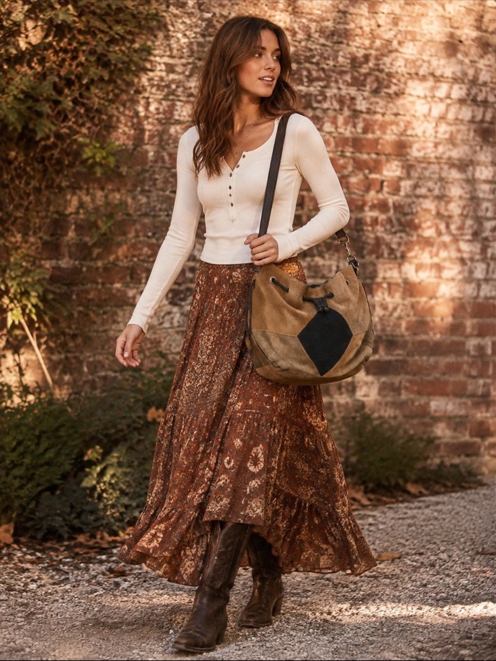 Free People Suede Patchwork Drawstring Hobo Bag Tan Black Boho